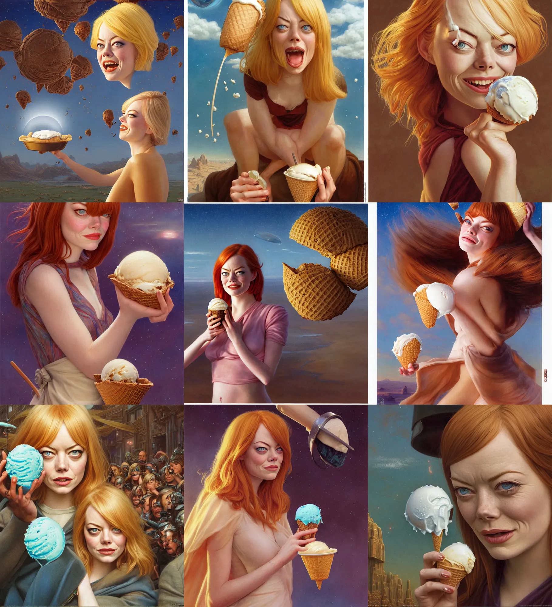 Prompt: derpy looking emma stone with an upside down ice cream done on her head, epic composition, 2 0 0 mm focal length, donato giancola, tim hildebrandt, wayne barlow, bruce pennington, larry elmore