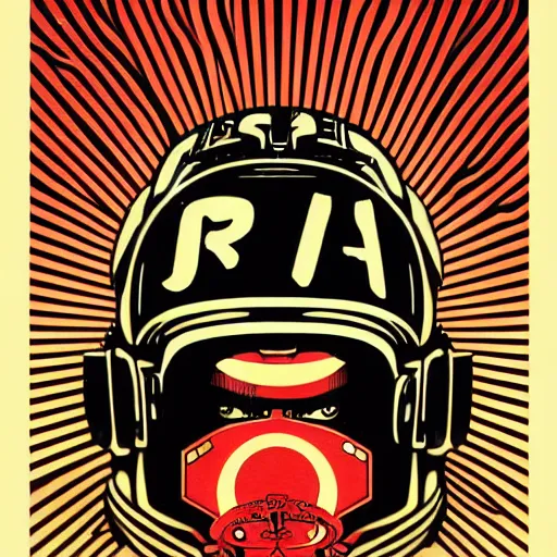 Image similar to !dream Illustrated by Shepard Fairey and H.R. Geiger | Cyberpunk Soviet Samurai with VR helmet, surrounded by cables