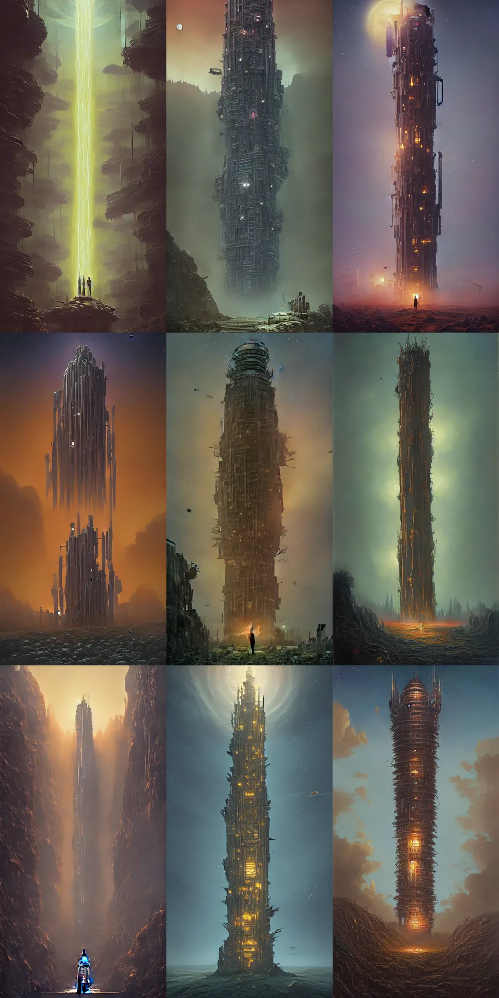 Image similar to beautiful oil painting, beautiful oil painting, beautiful oil painting, amazing unique highly detailed dark sci-fi retro cover art of the Impossible Tower by James Gurney and Greg Rutkowski and Simon Stalenhag, amazing unique highly detailed dark sci-fi retro cover art of the Impossible Tower by James Gurney and Greg Rutkowski and Simon Stalenhag, composition and color palette by Simon Stalenhag, composition and color palette by Simon Stalenhag, composition and color palette by Simon Stalenhag, composition and color palette by Simon Stalenhag, sci-fi inspiration from Jim Burns and Bruce Pennington, sci-fi inspiration from Jim Burns and Bruce Pennington, behold the great universe machine, atmospheric lighting, epic scale, dynamic angle, cinematic composition, sense of awe, sense of awe, wonder, anthropomorphic machine, anthropomorphic machine, luminous black hole portal, luminous black hole portal, intricate details, sense of perspective, artificial intelligence gods, artificial intelligence gods, destination at the end of a journey, fantasy elements, surrealism, award winning, genius, atmospheric, monumental, iconic, trending on art station