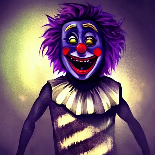 Image similar to Evil clown Big smiling mouth, black round nose, spiky hair, worn striped tank top emerging from a digital tablet. Very textured, hyper detailed, fog ambience cinematic, purple light, dark