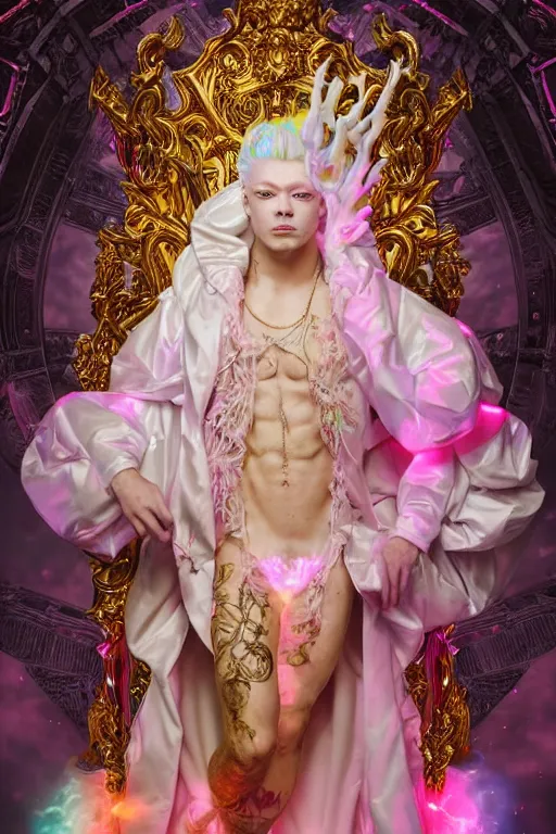 Prompt: full-body rococo and cyberpunk delicate neon crystalline sculpture of ((young muscular golden albino Colombian prince)) as an iridescent humanoid deity wearing ((peach plastic hooded cloak)) (holding a human skull) in a white castle dungeon, reclining, glowing pink face, crown of (pink lasers), large blue diamonds, swirling black silk fabric. futuristic elements. oozing glowing liquid, full-length view. space robots. intricate artwork by caravaggio. Trending on artstation, octane render, cinematic lighting from the right, hyper realism, octane render, 8k, depth of field, 3D