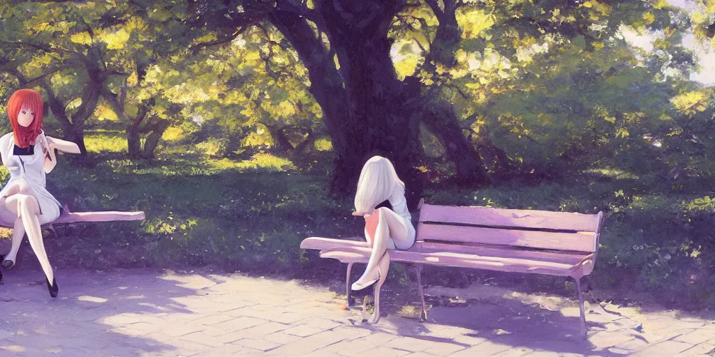 Image similar to A ultradetailed beautiful panting of a stylish woman siting on a park bench, Oil painting, by Ilya Kuvshinov, Greg Rutkowski and Makoto Shinkai