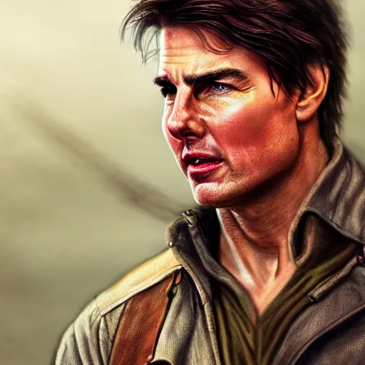 Image similar to Tom Cruise as a farmer, high resolution fantasy concept art, realistic, intricate details, soft lighting