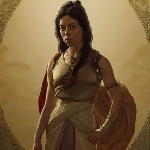 Prompt: Aubrey Plaza as a noble in the Roman period, intricate, highly detailed, digital painting, artstation, concept art, sharp focus, illustration, art by greg rutkowski and alphonse mucha