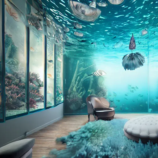 Image similar to the realistic photo of the modern fashionable room as aquarium with a chandelier as a big jellyfish, beautiful corals on the walls and sharks in the big panoramic window, a lot of gleans, under the ocean, realistic colors, realistic shadows, daylight made in blender, hd, 3 d by beeple and by greg rutkowski