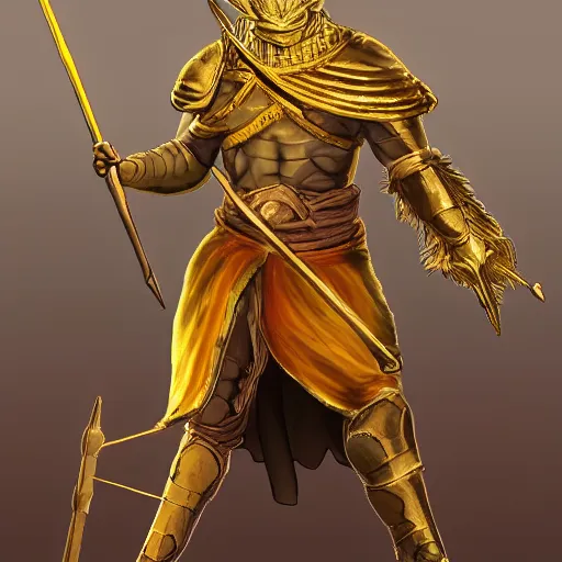 Prompt: Colored shot of dark souls boss using a spear made of gold. He is wearing a roman toga, trending on artstation, fantasy, concept art
