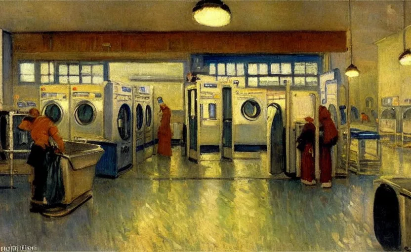 Prompt: interior of a modern laundromat at night, stanhope forbes, impressionist painting