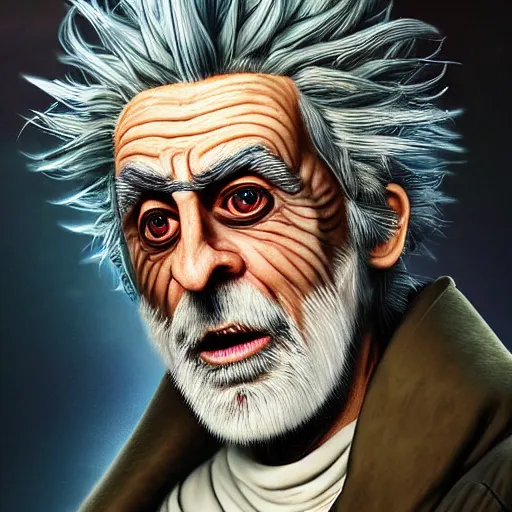 Prompt: 2 0 7 0 rick sanchez portrait in the alien dimension : : photorealistic sci - fi detailed intricate face details ultradetailed ultra - realistic by hieronymus bosch