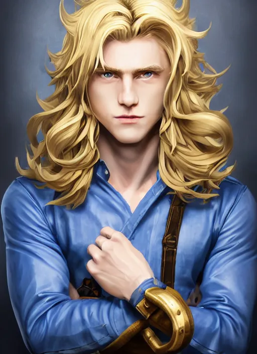 Prompt: a highly detailed illustration of long wavy bright blonde haired effeminate boy wearing blue blacksmith apron and iron mechanical arms, blue eyes, dramatic smiling pose, perfect face, symmetrical eyes, intricate, elegant, highly detailed, centered, digital painting, artstation, concept art, smooth, sharp focus, league of legends concept art, wlop