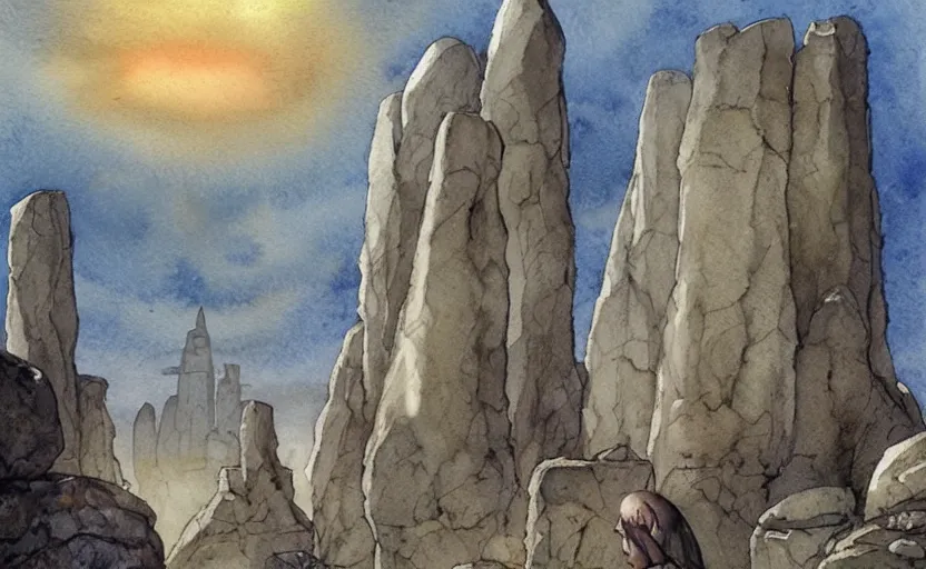 Image similar to a realistic watercolor fantasy concept art of giant monk with a big forehead in grey robes swaying in stonehenge. several immense stones are floating in the air. in the background a large ufo is in the sky. by rebecca guay, michael kaluta, charles vess