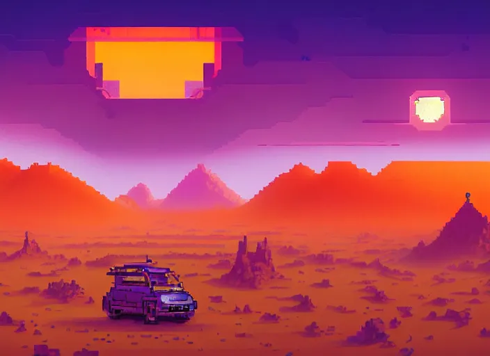 Image similar to detailed pixel art, science fiction pc game point - and - click adventure, daedalic entertainment, desert with city in the skyline, two suns, purple orange colors, sharp focus, illustration, highly detailed, digital painting, concept art, matte, art by wlop and artgerm and greg rutkowski, masterpiece