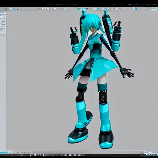 Image similar to ultra realistic and detailed blueprint for a Hatsune Miku robot model, Solidworks, octane render