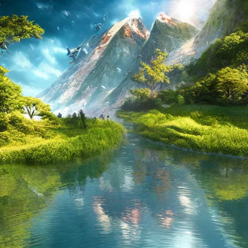 Image similar to A realistic beautiful natural landscape, 4k resolution, hyper detailed