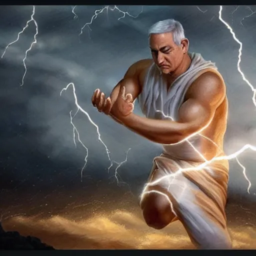 Prompt: benjamin netanyahu as a greek god shooting lightning bolts with his hands, highly detailed, by artgerm and greg rutkowski