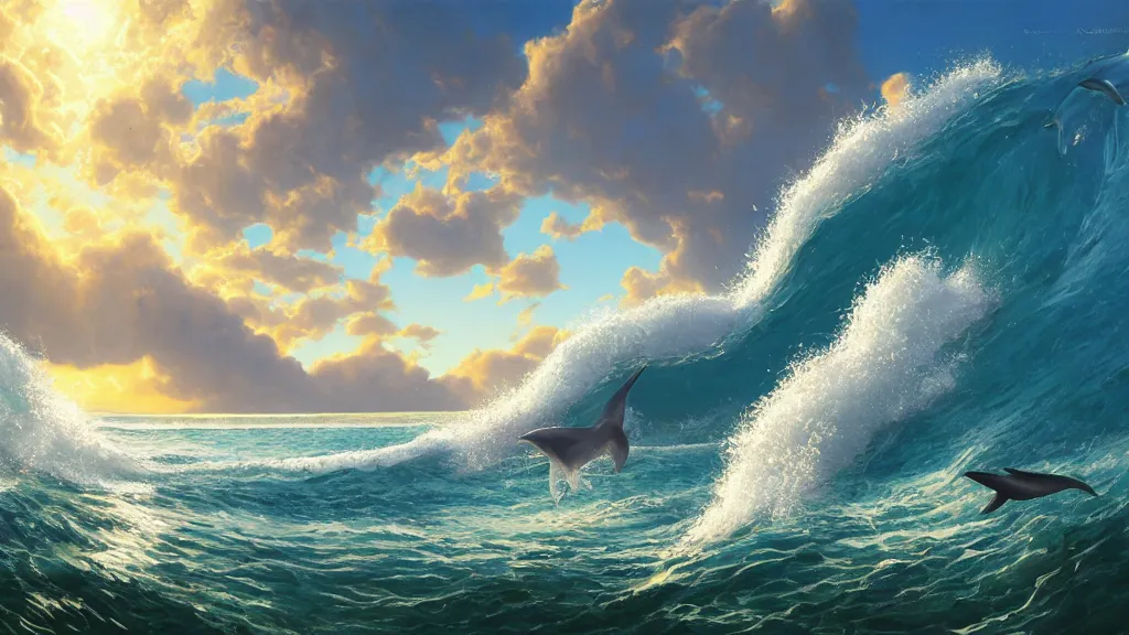 Image similar to first person view of breaking waves on the shore, summer, clear beautiful sky, bright sky, dolphins jumping and playing near the shore, peaceful, amazing, by andreas rocha and john howe, and Martin Johnson Heade, featured on artstation, featured on behance, golden ratio, ultrawide angle, f32, well composed