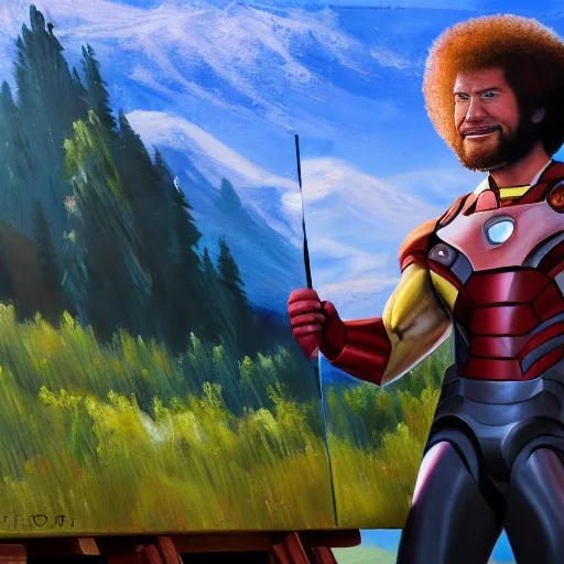 Image similar to a closeup photorealistic photograph of bob ross working on a canvas painting of iron man. mountains and trees. film still. brightly lit scene. this 4 k hd image is trending on artstation, featured on behance, well - rendered, extra crisp, features intricate detail, epic composition and the style of unreal engine.