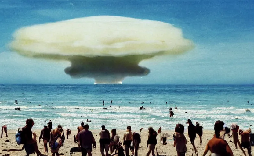 Prompt: sunny day at the beach blue sky nuclear mushroom cloud on the horizon and few people watching it war apocalyptic photorealistic