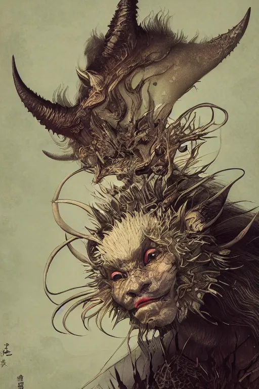 Image similar to a portrait of a japanese devil animal illustrated by miyazaki by karol bak, james jean, tom bagshaw, rococo, sharp focus, trending on artstation, cinematic lighting, hyper realism, octane render, 8 k, hyper detailed, vivid, ultra detailed, highly detailed