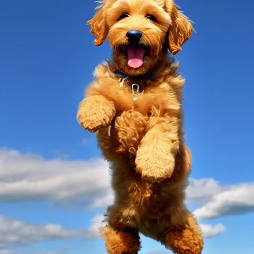Prompt: Golden labradoodle puppy sky diving and smiling