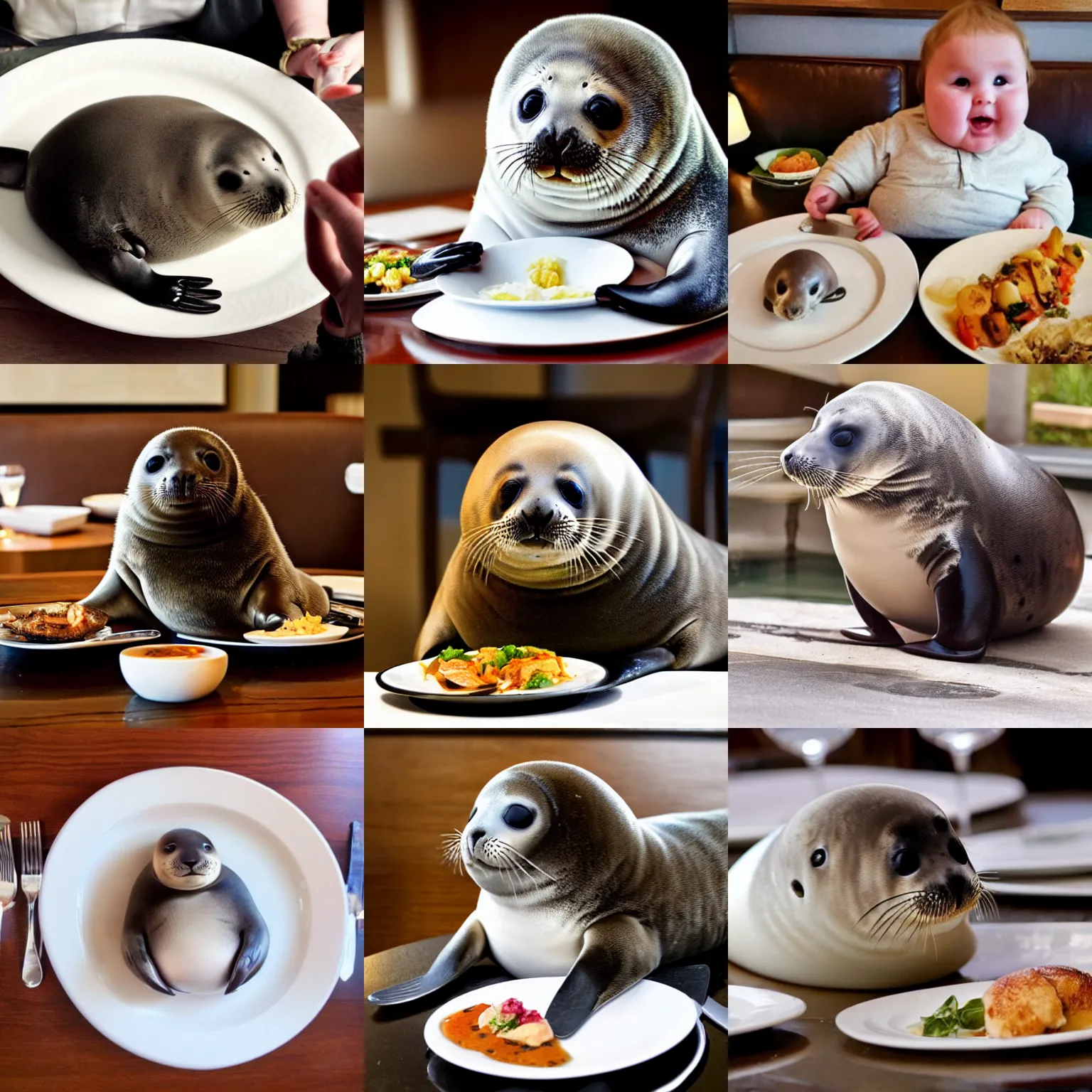 Prompt: hugely fat fat fat baby seal eating your food right off your plate at a fancy restaurant and also eating grandma