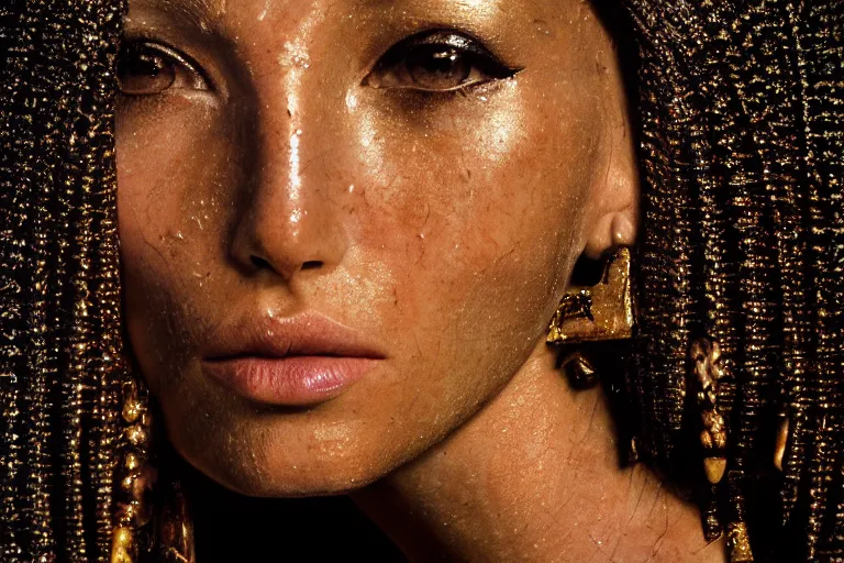 Prompt: a highly detailed cinematic headshot portrait color photograph of an ancient egyptian sun goddess, ultra realistic, depth, beautiful lighting, by richard avedon and annie leibovitz and arnold newman, photorealistic, hyperrealistic, octane, epic composition, hasselblad camera, 5 0 mm, sharp focus, perfect facial symmetry