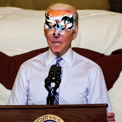 Image similar to joe biden in bed with chicken pox giving a speech,