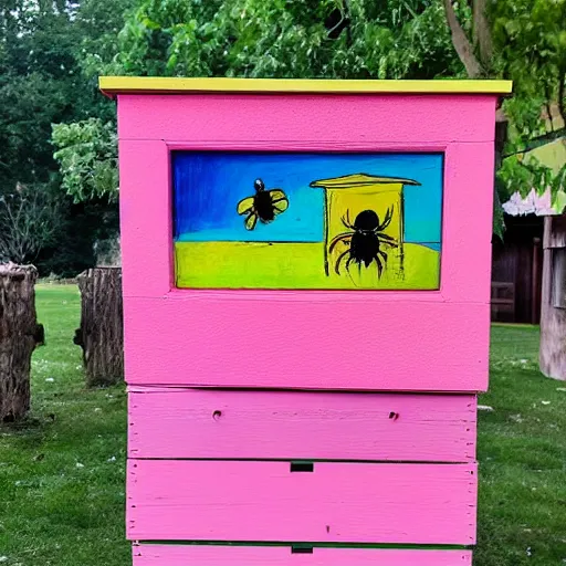 Prompt: a white Langstroth beehive that has an abstract painting in pink and lime green on it painted by children, bees flying around