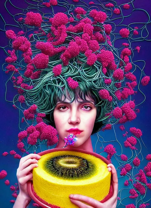 Image similar to hyper detailed 3d render like a Oil painting - Ramona Flowers with wavy black hair wearing thick mascara seen Eating of the Strangling network of colorful yellowcake and aerochrome and milky Fruit and Her staring intensely delicate Hands hold of gossamer polyp blossoms bring iridescent fungal flowers whose spores black the foolish stars by Jacek Yerka, Mariusz Lewandowski, silly face, Houdini algorithmic generative render, Abstract brush strokes, Masterpiece, Edward Hopper and James Gilleard, Zdzislaw Beksinski, Mark Ryden, Wolfgang Lettl, Dan Hiller, hints of Yayoi Kasuma, octane render, 8k