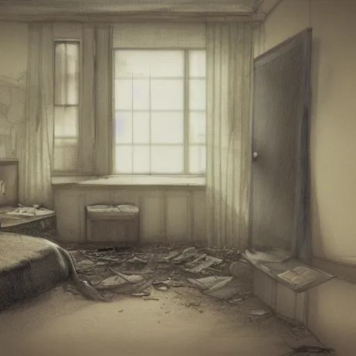 Prompt: derelict hotel room, abandoned, messy, moody atmosphere, sunlight through window blinds, dusty room, creepy, detailed sketch, artstation award