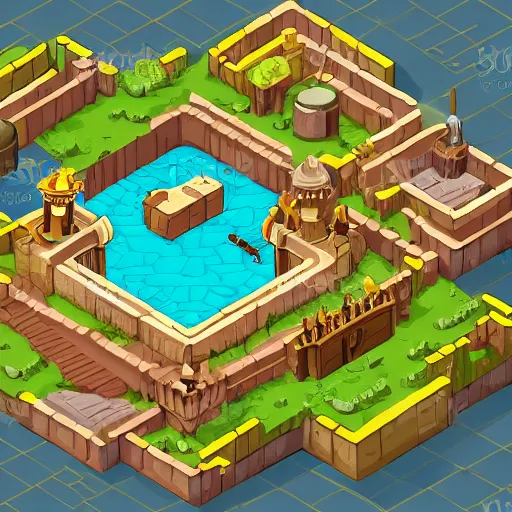 Image similar to A high detailed isometric vector art presenting an aerial view of a RPG room by dofus, Bastion, Transistor, pyre, hades, Patreon content, containing tables and walls, HD, straight lines, vector, grid, dnd map, map patreon, fantasy maps, foundry vtt, fantasy grounds, aerial view ,dungeondraft , tabletop, inkarnate, dugeondraft, roll20