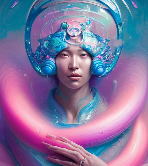 Image similar to porttait of a beautiful celestial Hawaiian pearlescent rgb Goddess wearing a futuristic lush Japanese battlesuit exposed in cryo chambers by James Jean, royal blue and pink theme, intricate, elegant, highly detailed, centered, digital painting, artstation, concept art, smooth, sharp focus, illustration, by Peter Mohrbacher, WLOP