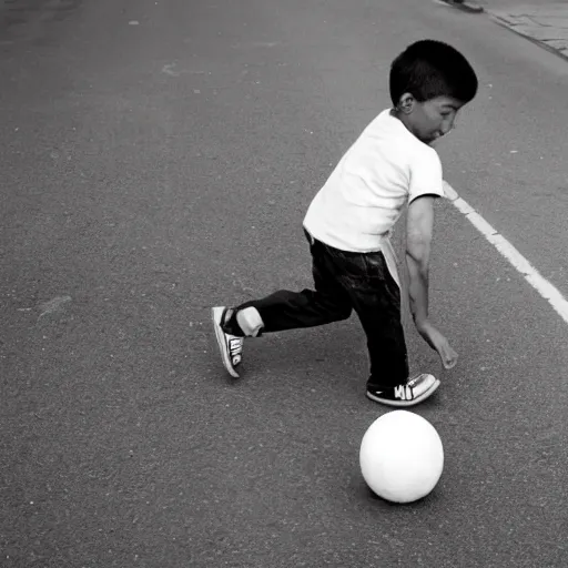 Prompt: a boy playing with a ball in the street 2 0's style