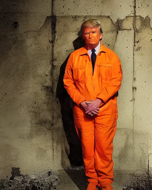 Prompt: a head and shoulders portrait of Donald trump wearing a orange jumpsuit, sitting on the floor of a filthy rat infested concrete jail, dimly lit, volumetric lighting, in jail by craig mullins and Annie Leibowitz, octane, 8k,