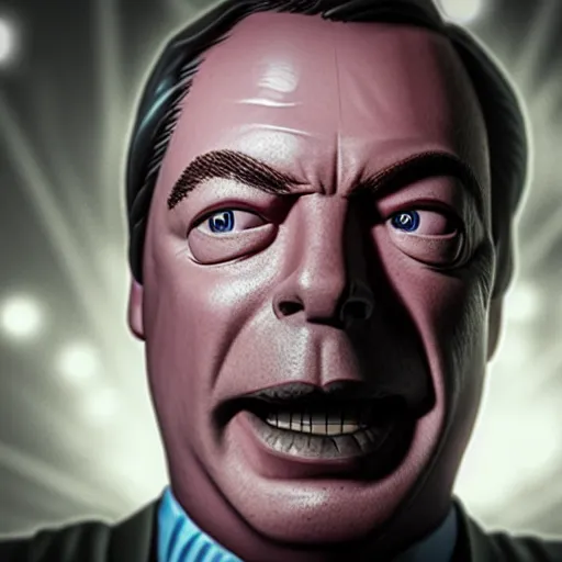 Image similar to Portrait of Nigel Farage in Gears of War, splash art, movie still, cinematic lighting, dramatic, octane render, long lens, shallow depth of field, bokeh, anamorphic lens flare, 8k, hyper detailed, 35mm film grain