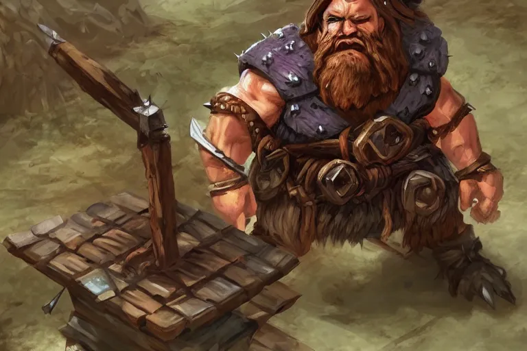 Image similar to barbarian dwarf holding a rustic rectangle wooden table with spikes sticking out of it. Dungeons and dragons fantasy digital art, artstation highquality 4k