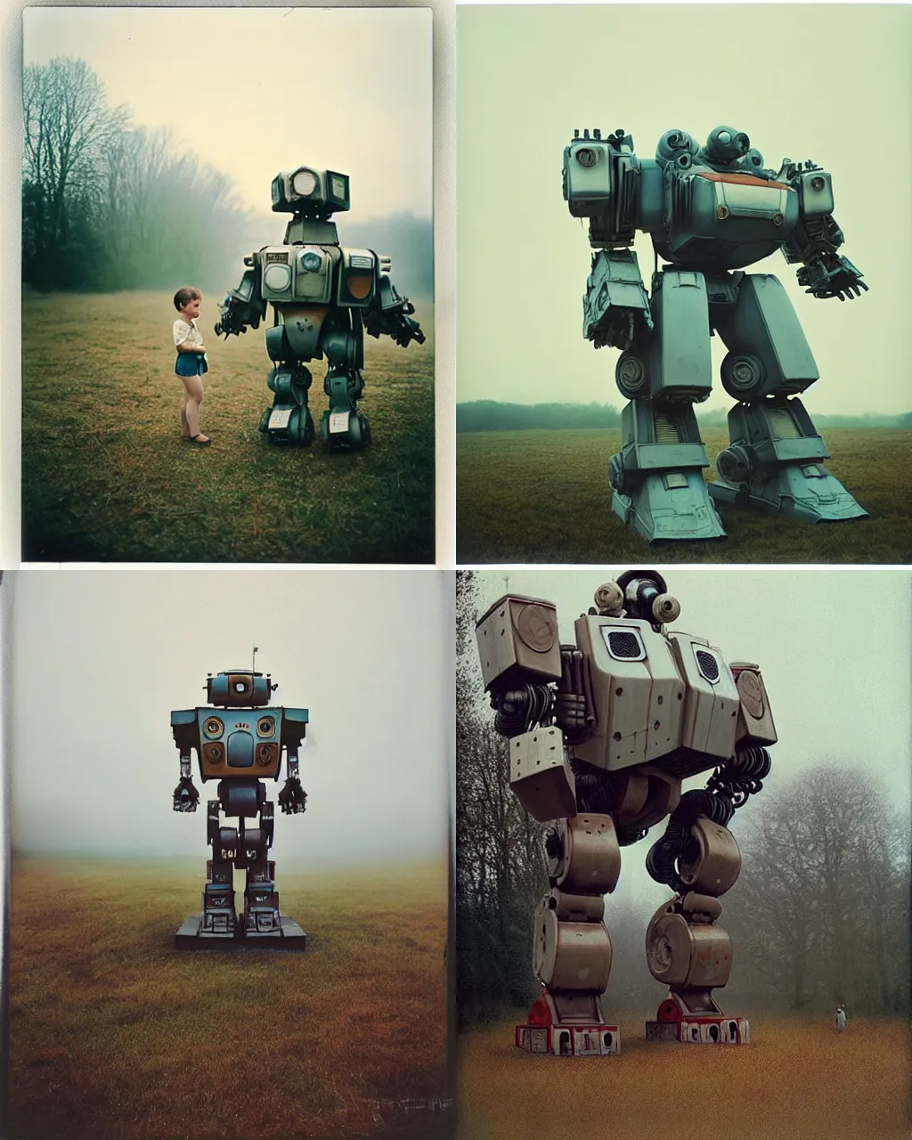 Prompt: giant oversized robot mech as giant baby on a village, Cinematic focus, Polaroid photo, vintage, neutral colors, soft lights, foggy, by Steve Hanks, by Serov Valentin, by lisa yuskavage, by Andrei Tarkovsky