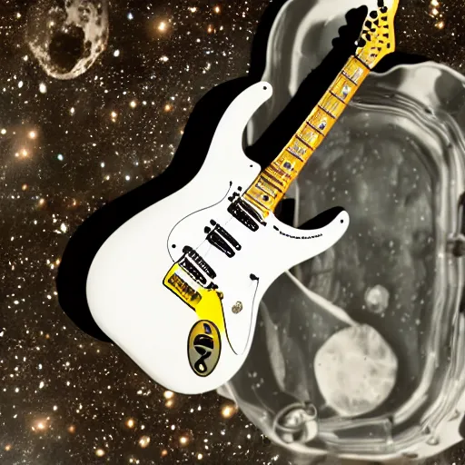 Image similar to a photo of a detailed, realistic, idle, regular sized electric guitar next to a beer can on the moon. detailed photo. realistic photo