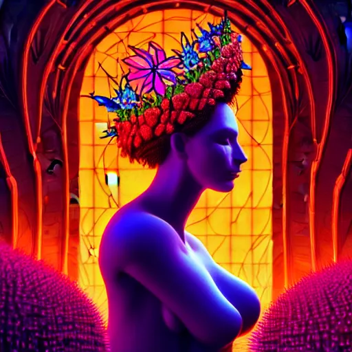 Prompt: Beautiful 3d render of the flower queen in a sensual pose, in the style of Dan Mumford and Johfra Bosschart, with a crowded futuristic cyberpunk city in the background, astrophotgraphy