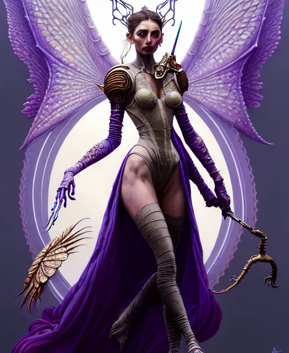 Image similar to beautiful fantasy character portrait, ana de armas, ultra realistic, wide angle, intricate details, the fifth element artifacts, tesseracts, highlights of purple, highly detailed by peter mohrbacher, hajime sorayama, wayne barlowe, boris vallejo, paolo eleuteri serpieri, dishonored 2, white gown, angel wings