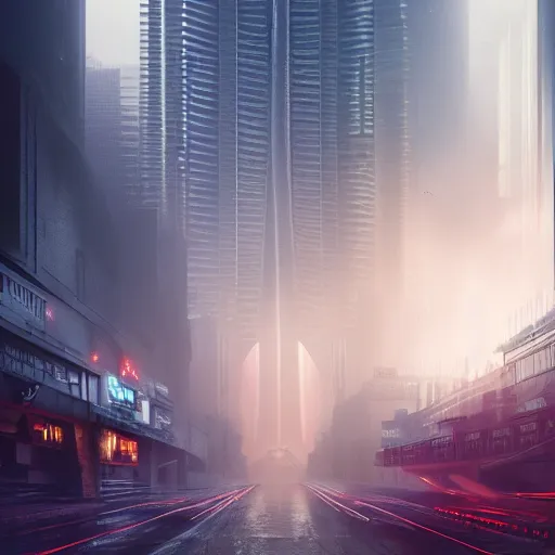 Image similar to in a city with a rich history, the huge building stands in the middle, the road is full of ghosts, blade runner 2 0 4 9, highly detailed, cinematic landscape ， foggy ， octane render ， trending on behance,