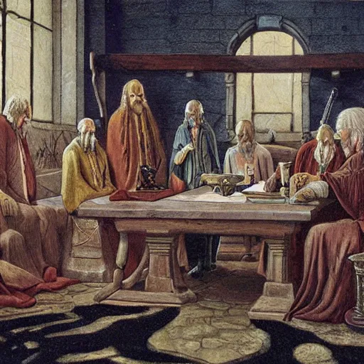 Image similar to a council of elders deliberating, fantasy art, robed, historical, highly realistic, highly detailed