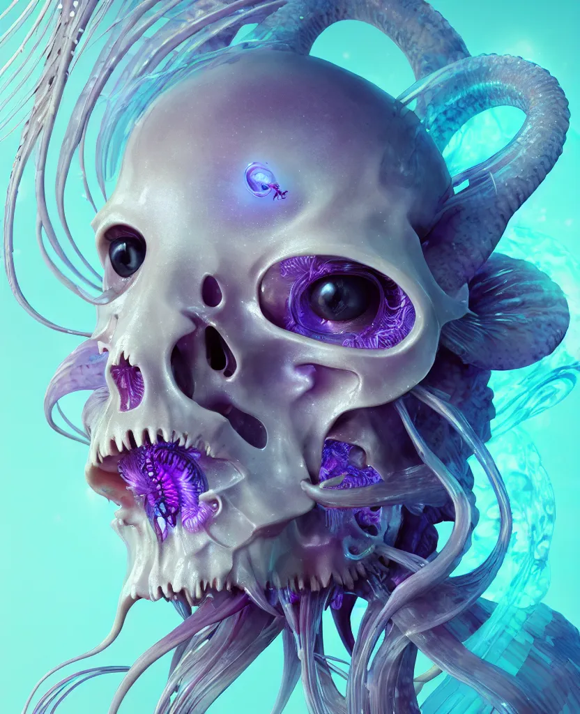 Image similar to goddess princess face close-up portrait ram skull. jellyfish phoenix head, nautilus, orchid, skull, betta fish, bioluminiscent creatures, intricate artwork by Tooth Wu and wlop and beeple. octane render, trending on artstation, greg rutkowski very coherent symmetrical artwork. cinematic, hyper realism, high detail, octane render, 8k