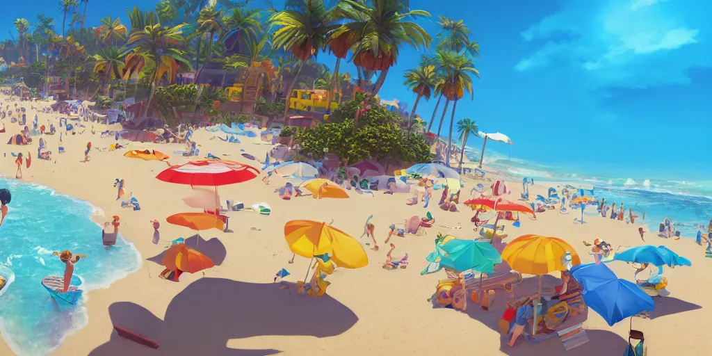 Image similar to a film still of a sunny and colourful beach scene in santa monica, los angelos, wide shot, waist up, wes anderson, studio ghibli, pixar and disney animation, sharp, rendered in unreal engine 5, anime key art by greg rutkowski, bloom, dramatic lighting