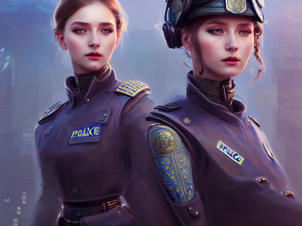 Image similar to portrait futuristic ukraine police uniform girl, at future neon light rooftop, ssci - fi and fantasy, intricate and very very beautiful and elegant, highly detailed, digital painting, artstation, concept art, smooth and sharp focus, illustration, art by tan zi and ayanamikodon and alphonse mucha and wlop