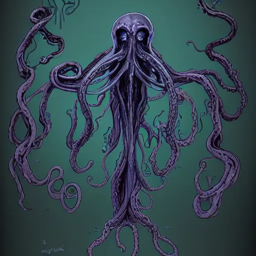 Image similar to concept designs for an end game boss that is an ethereal obsidian ghostly wraith like figure with a squid like parasite latched onto its head and long tentacle arms that flow lazily but gracefully at its sides like a cloak and chains rattling at its sides while it floats around a frozen rocky tundra in the snow searching for lost souls and that hides amongst the shadows in the trees, this character has hydrokinesis and electrokinesis for silent hill video game and inspired by the resident evil game franchise