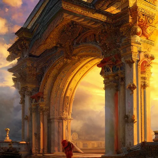 Prompt: beautiful colorful picture of the gates of heaven, volumetric lighting, 8 k octane beautifully detailed render, post - processing, extremely hyper - detailed, intricate, epic composition, cinematic lighting, masterpiece, trending on artstation, detailed detailed detailed, masterpiece, stunning art by anders zorn, wonderful masterpiece by greg rutkowski, beautiful cinematic light,