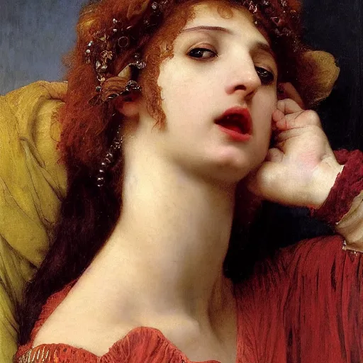 Image similar to a renaissance oil painting close shot face portrait by alma tadema of a demon vampire fangs beautiful woman touching neck, sapphire jewellery, colourful pastel, detailed academic bouguereau, sharp focus, high contrast studio lighting