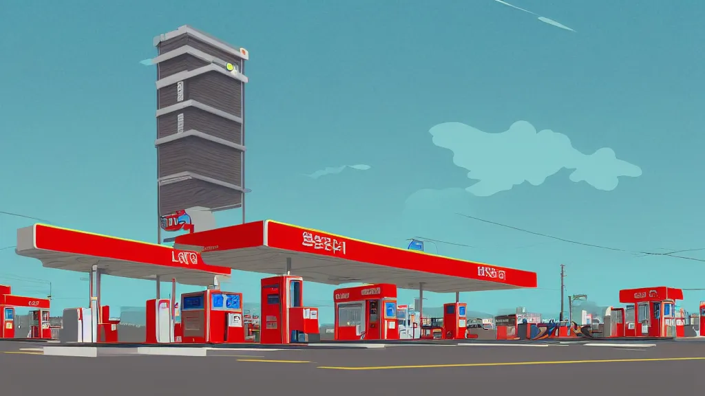 Prompt: Explosion at the gas station, flat design, screen print by Kawase Hasui and dan hillier, 8k unreal engine
