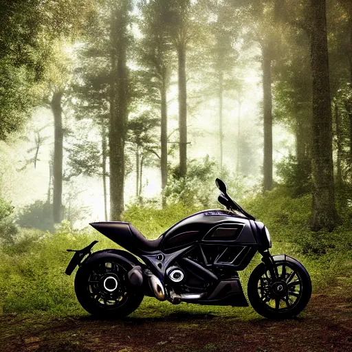 Image similar to portrait of a single ducati diavel in a vast forest landscape in the style of thomas cole, cinematic lighting, raytracing, 8 k, octane render, volumetric, vivid, beautiful, hyperrealism