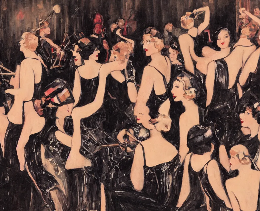 Prompt: realistic oil painting of a 1 9 2 0 s short - haired flapper woman in black satin gloves on a dancefloor with others, at a jazz band performance in a dimly lit speakeasy, jazz age, precise, wide shot, cohesive, stylistic, art deco, cinematic, low - lighting